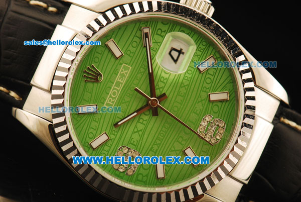Rolex Datejust Automatic with Green Dial and ETA case-White Bezel-Diamond Marking-Small Calendar-Black Leather Strap - Click Image to Close